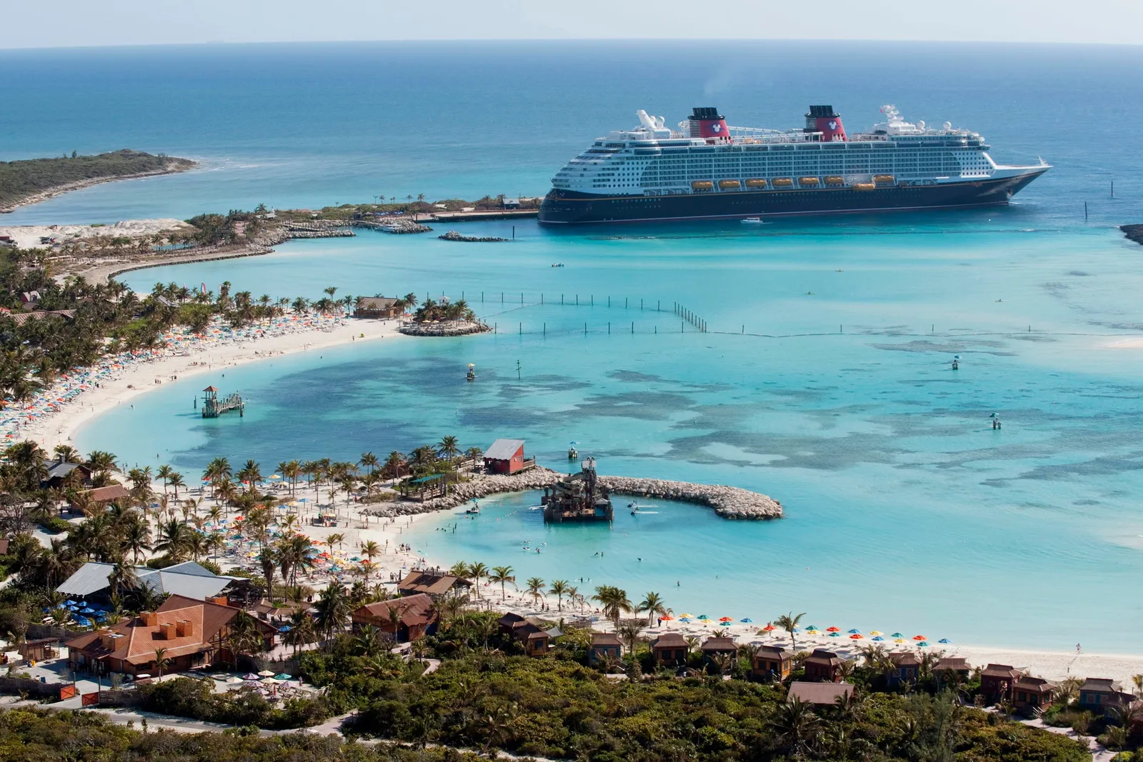 Aerial view of Disney Castaway Cay’s lagoon and beaches