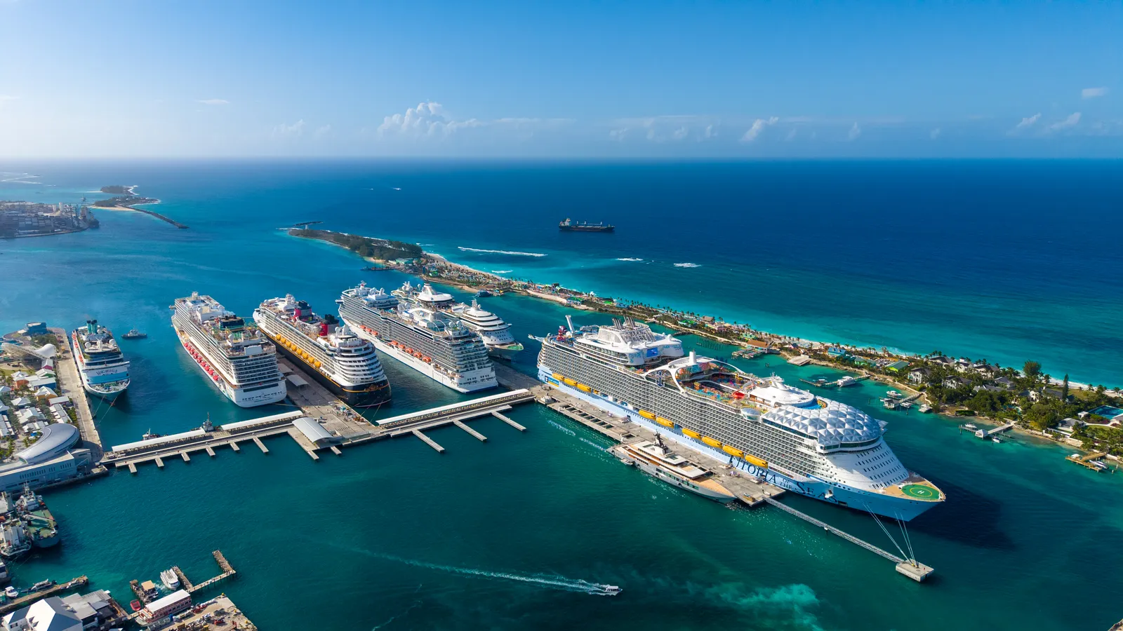 Aerial view of cruise ships docked at Nassau Cruise Port